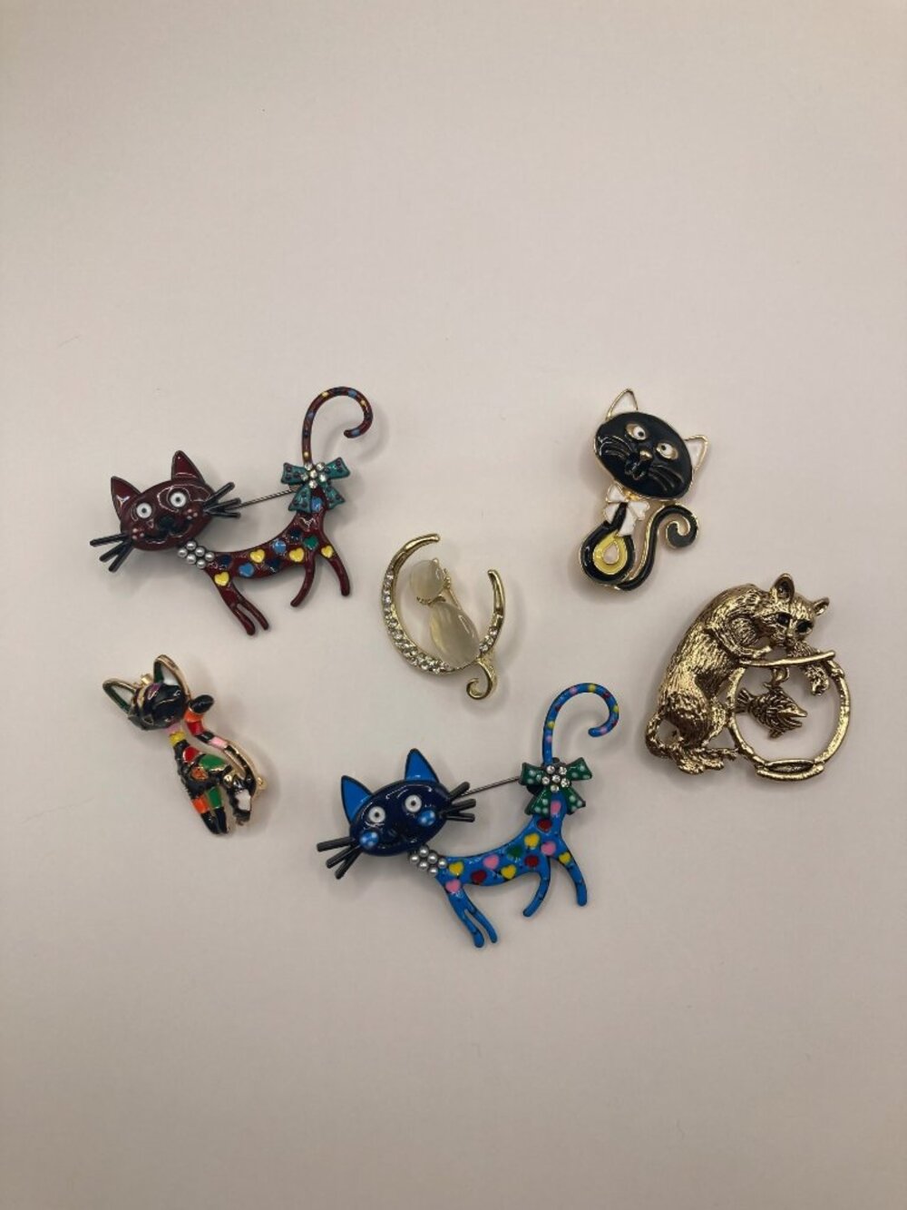 Set Of 6 Cat-Themed Brooch Pins Colorful Enameled -91B